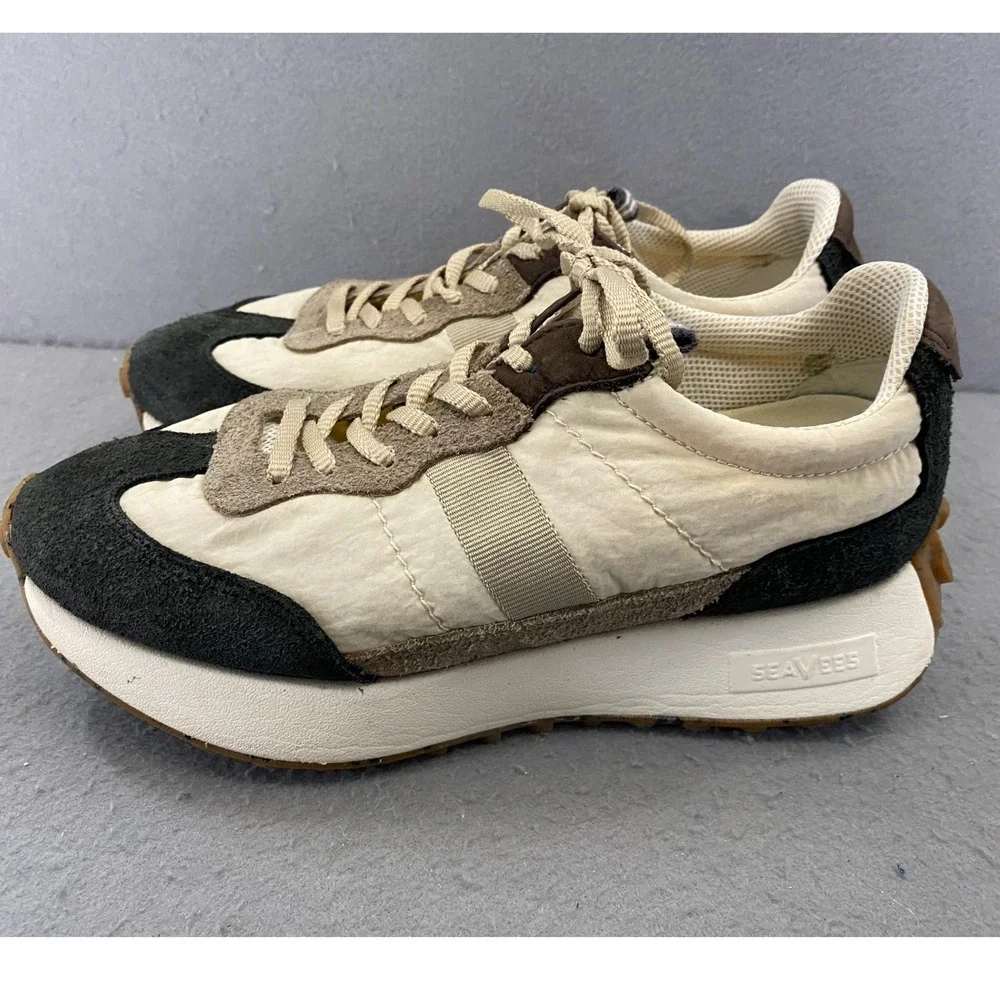 SeaVees Retro Acorn Trainer Womens 9 Black Tan Suede Nylon Platform Sneaker Low